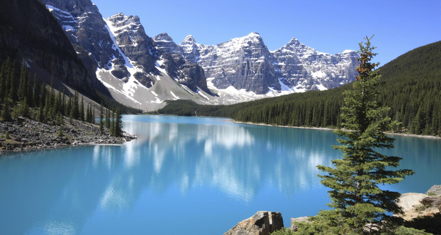 A turquoise lake surrounded by pine trees and snow-capped peaks in the Canadian Rockies